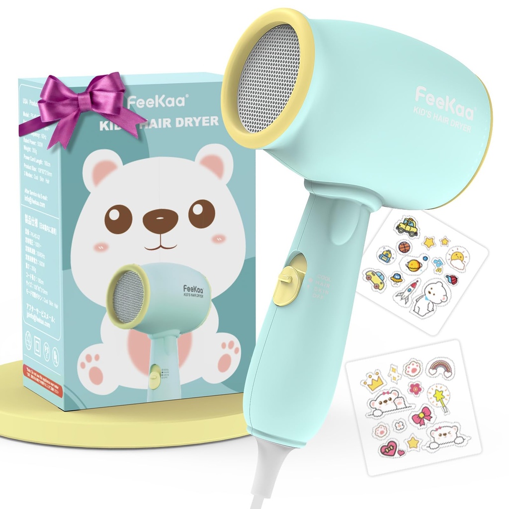 Feekaa Kids Hair Dryer, Baby Hair Dryer, 3 Safe Temperature for Children Hairdryers, Quiet 