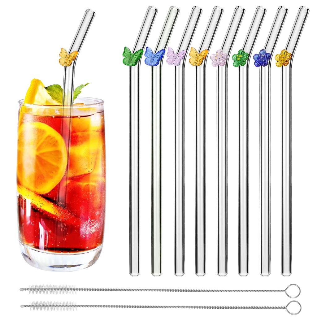 Hejo 8 Pcs Glass Straws, Reusable Long Glass Straw Drinking Personalized Clear Straws with