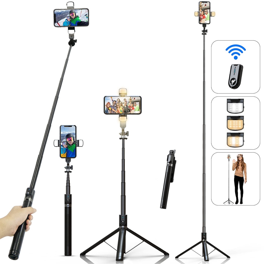 Selfie Stick Phone Tripod with Remote and LED Fill Lights - ASHINER 180cm