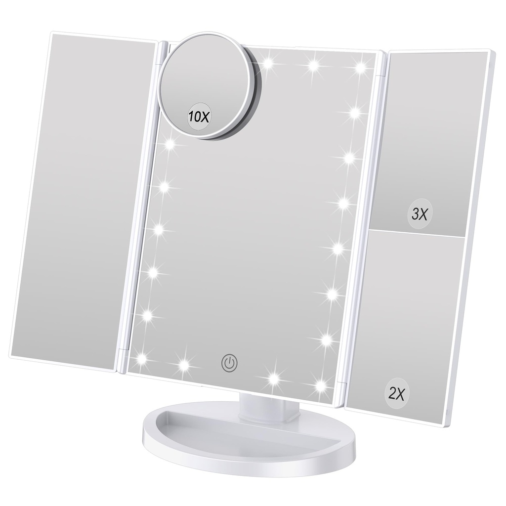 WEILY Tri-fold Vanity Mirror, 21 LEDs and 2X/3X Magnification, Touch Switch for Adjusting