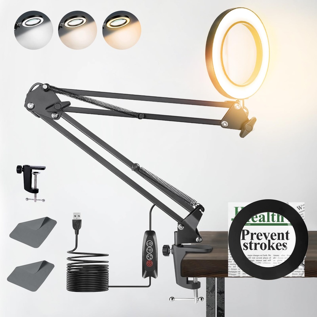 10X Magnifying Glass with Light, 3 Colour Modes Stepless Dimmable Lighted Magnifier Clamp 