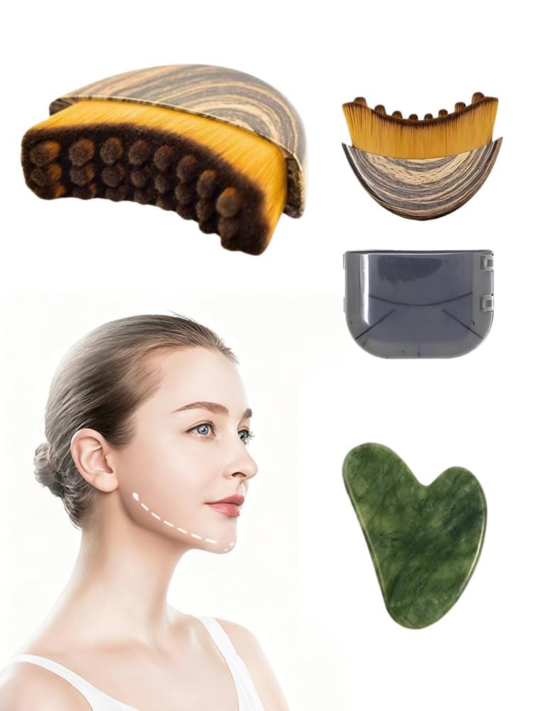 Gua Sha & Lymphatic Drainage Face Brush Set, Jade Gua Sha Facial Massage Tool and Facial Dr