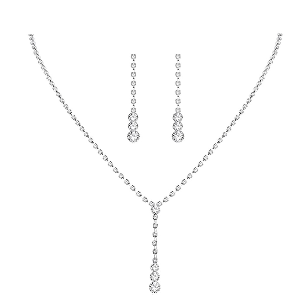 Wedity Wedding Crystal Necklace Silver Earrings Set Bride Choker Necklaces Pendant Wedding