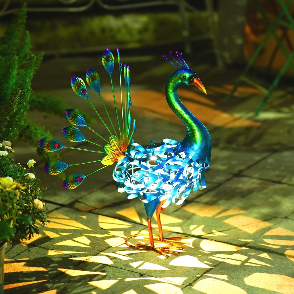 Goodeco Solar Peacock Statue Garden Ornaments,Metal Birds Garden Sculptures & Statues,Metal