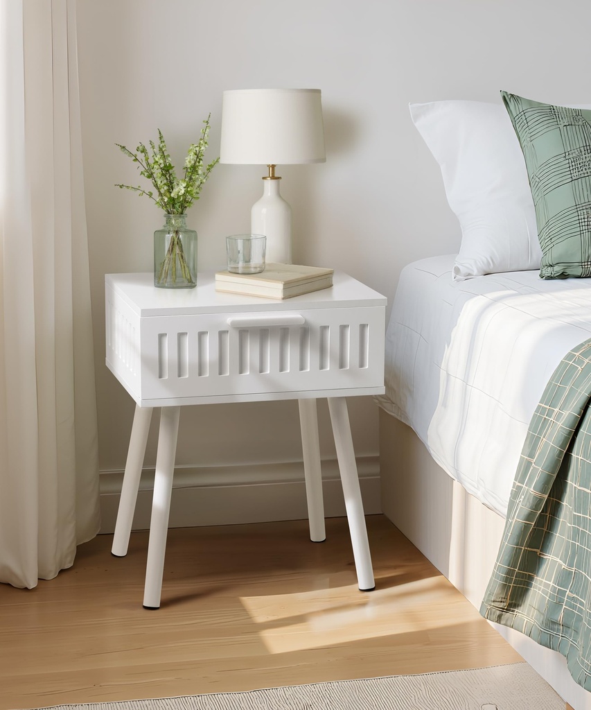 SUMGAR White Bedside Table Nightstand with Drawers Bed Side Table for Bedroom Modern Fluted