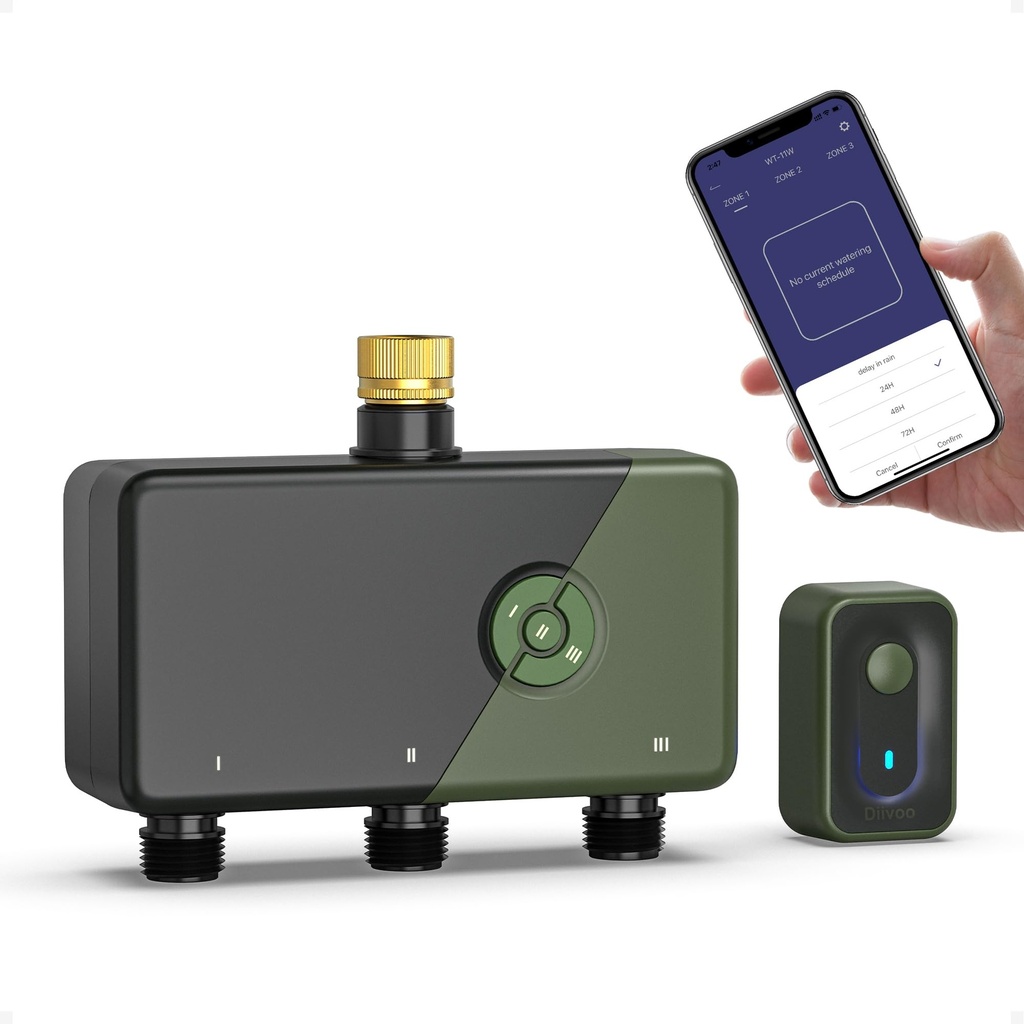 Diivoo 3 Zone Smart WiFi Water Timer, Brass Inlet WiFi Sprinkler Timer Compatible