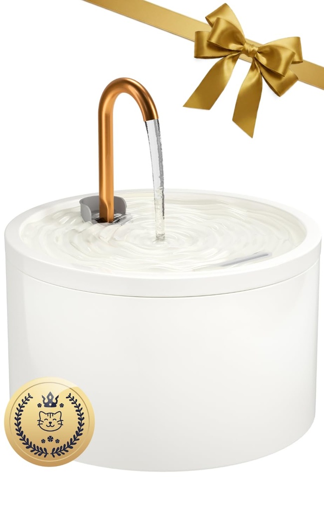 MISFANS Ceramic Cat Water Fountain for Drinking, Copper Spout 2.1L Cat Fountain, Ultra-Quie