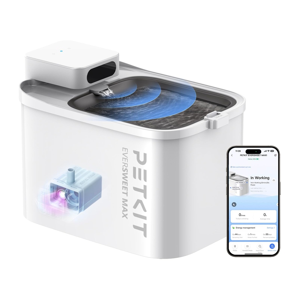 PETKIT Wireless Cat Water Fountain, EVERSWEET MAX with UVC Pump, 3L, Cordless 5000mAh Battery