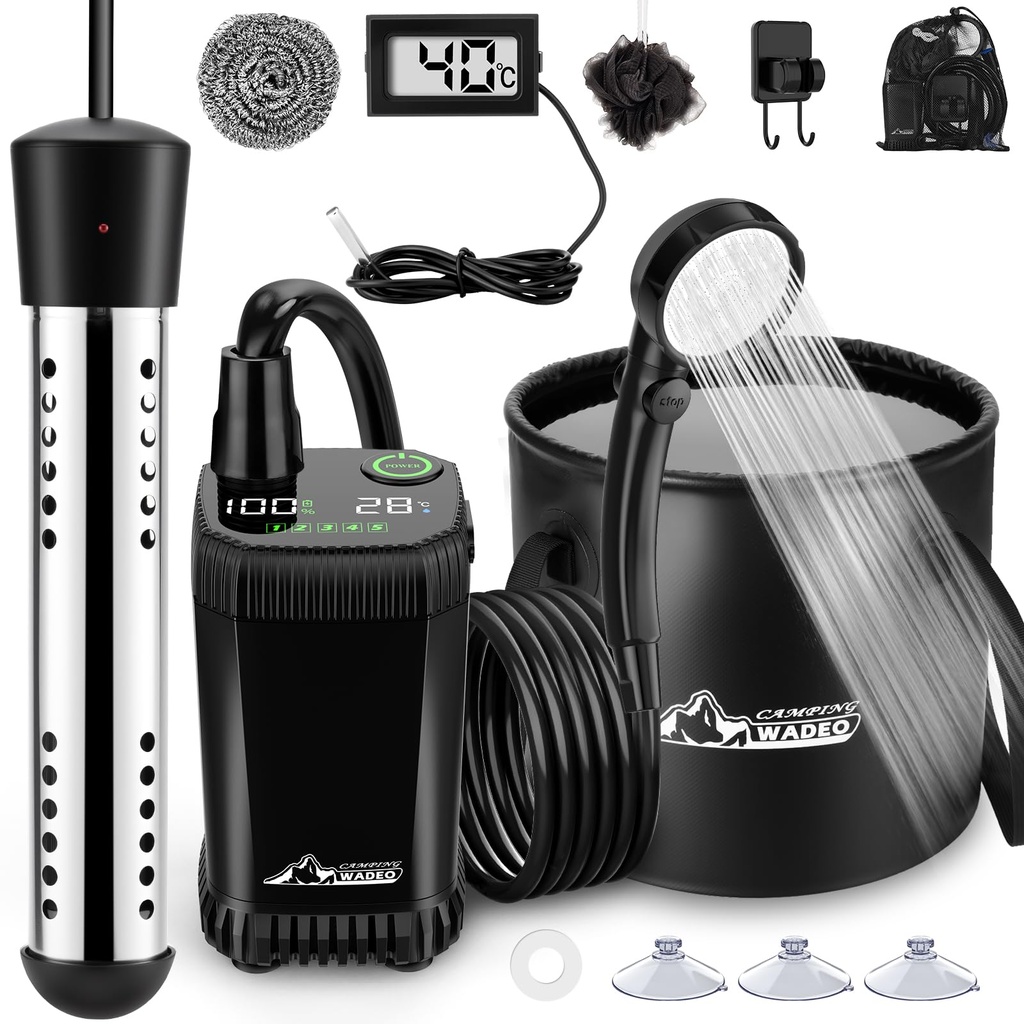 WADEO Portable Shower, [Heating Water Function] [Upgraded Stable 20L Collapsible Bucket] Ca