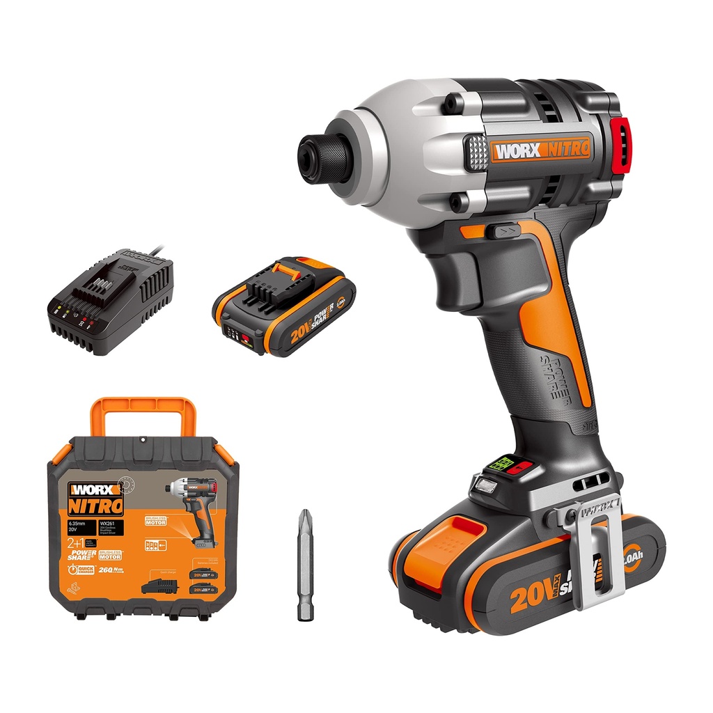 Worx Cordless Impact Driver, 260Nm, PowerShare, 3 Speed, MAX 3000rpm, LED Light, Compact, I
