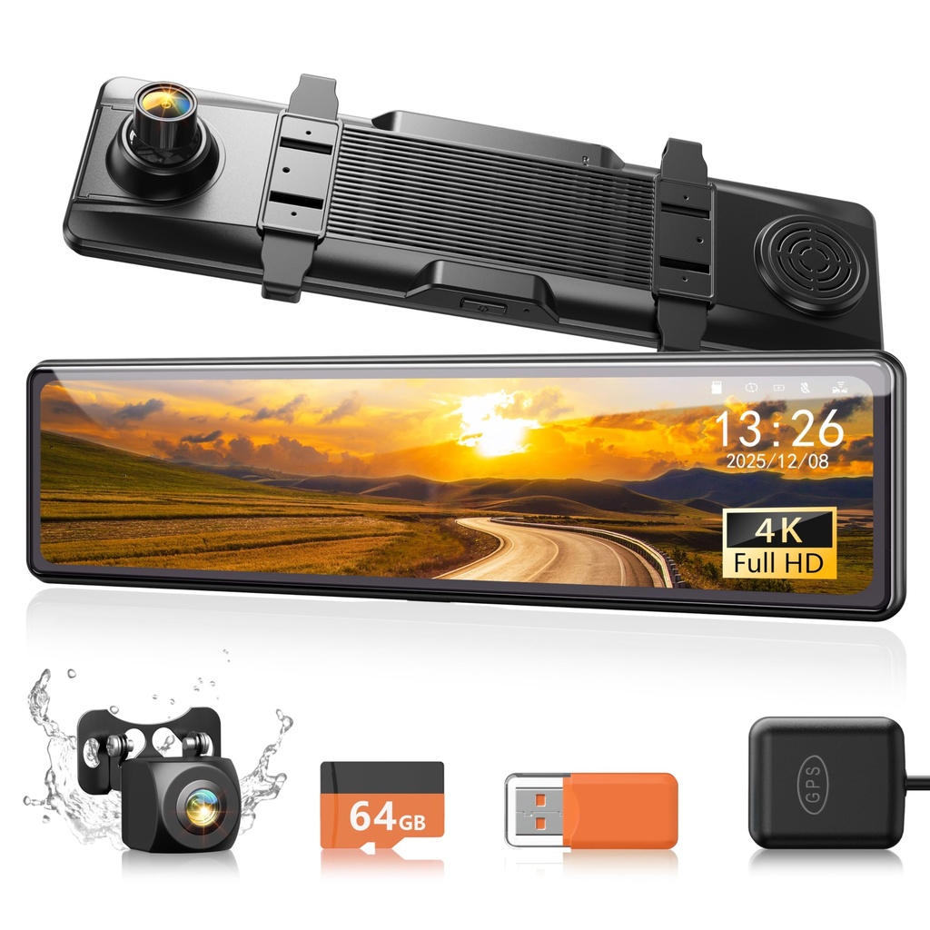 iZEEKER 4K Dual Dash Cam, 4K Touchscreen Rearview Mirror Camera, Car Camera with FREE 64GB