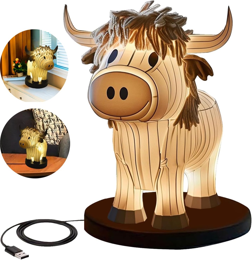Neioaas Highland Cow Night Light - USB Portable Table Lamp, Small Animal Painted Decoration