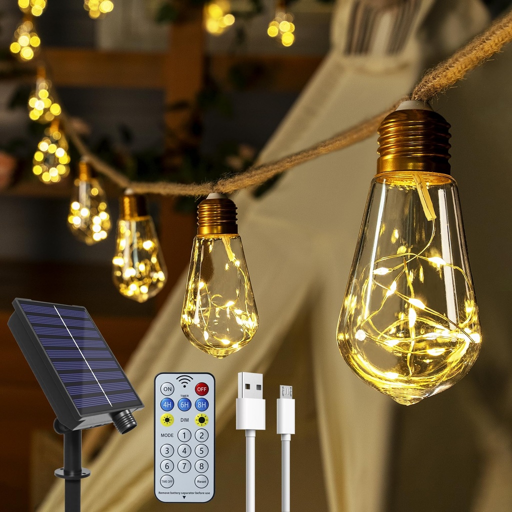 Ollny Solar Lights Outdoor Garden 10m Hemp Rope Festoon Light with Remote, USB Fairy String
