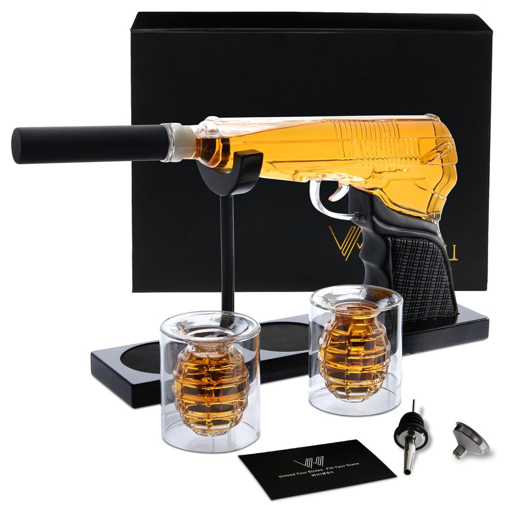 Gun Whiskey Decanter Set for Men 400ML Gun Decanter + 2 Grenade Glasses