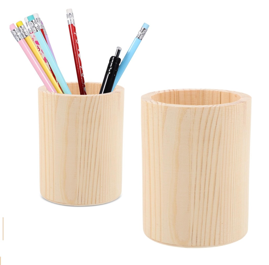Cabilock 2Pcs Wooden Pen Pot, Unfinished Round Pencil Holder for DIY Painting Crafts, Natur