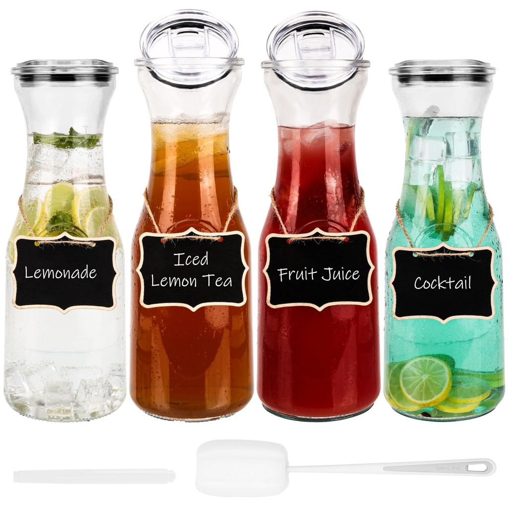 Belle Vous Glass Water Carafe Set with Lids (4 Pack) - 1.1L Pitcher Jugs for Juice, Iced Tea