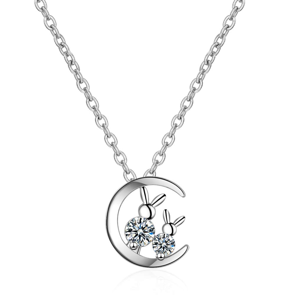 QIAMNI Chandler Necklace 925 Silver Lovely Rabbit Moon Animal Minimalist Cubic Zirconia Char