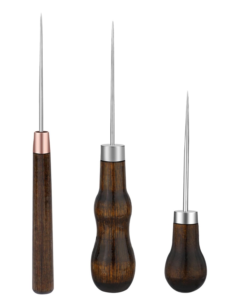 3 Pack Awl Tool, Leather Sewing Awl with 3 Types Gourd Shape Wooden Handle for Leather Punc