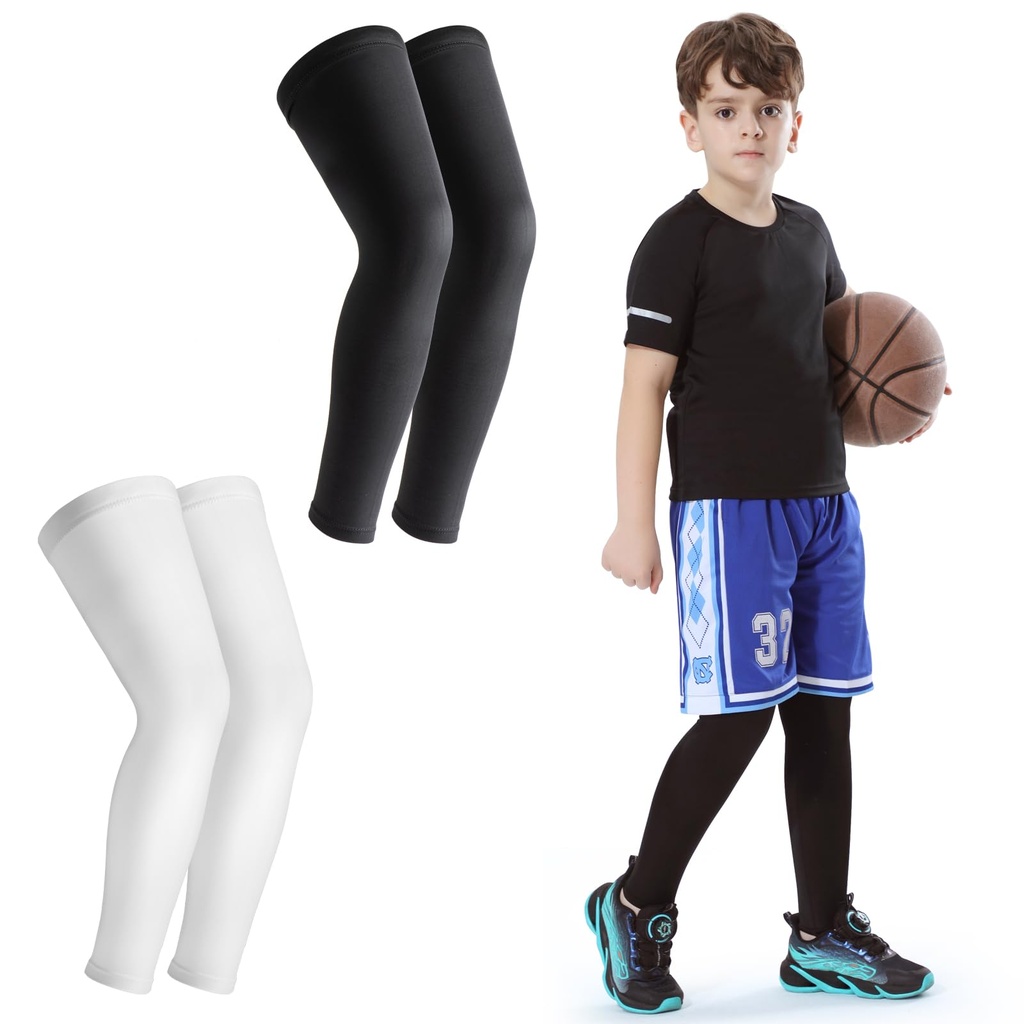 Newbyinn Kid Leg Sleeve 2 Pairs, Long Compression Leg Sleeve for Youth Boy Girl Basketball