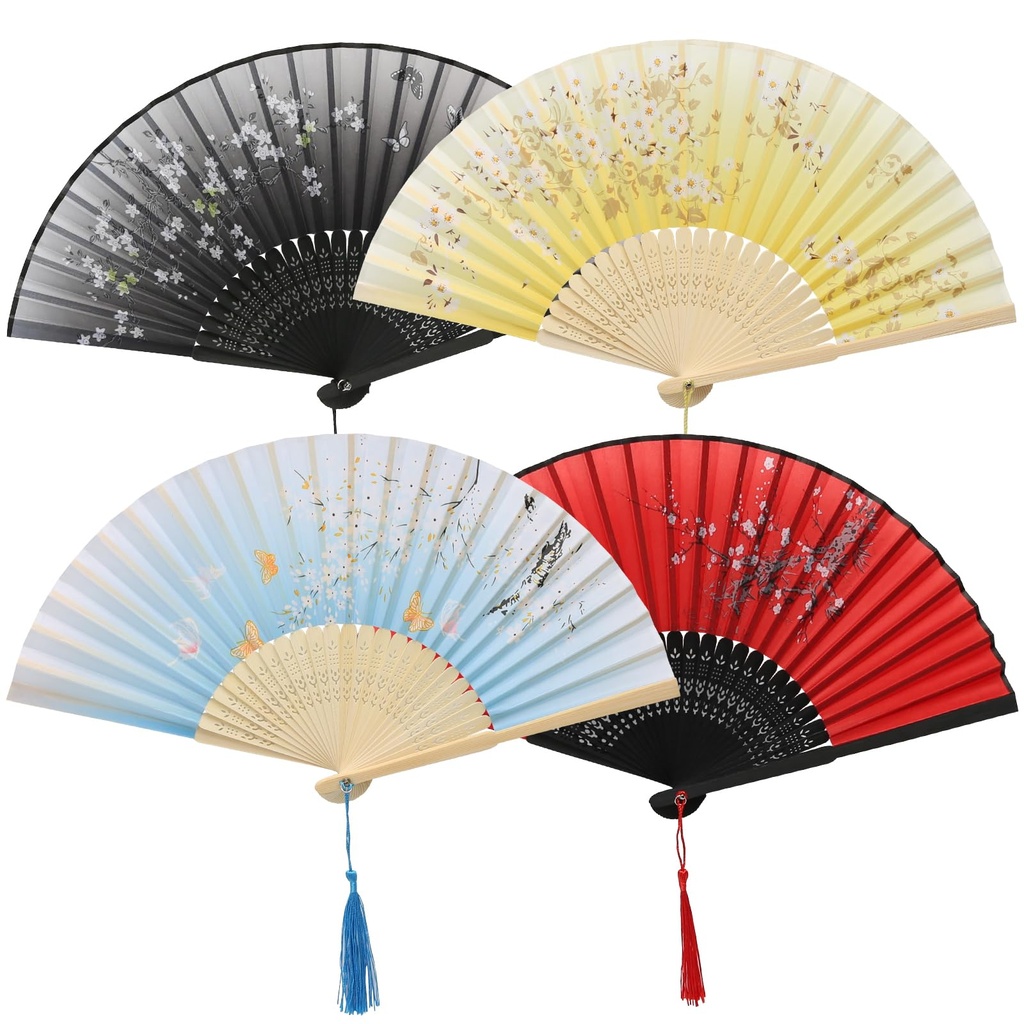 Juibao 4Pcs Fabric Hand Folding Fans, Vintage Chinese Style Silk Fan with Bamboo Handle and