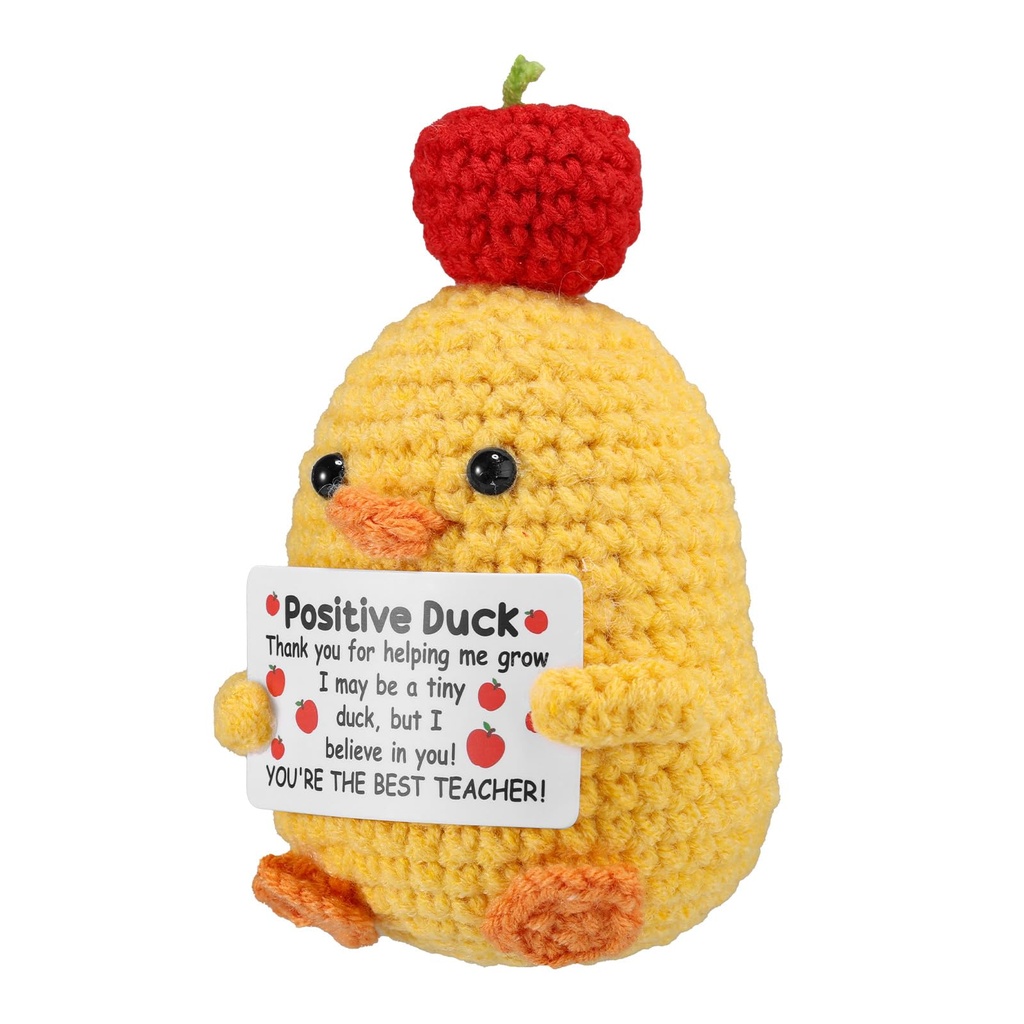 Positive Duck, Crocheted Duck with Apple Embellishment on Top Emotional Knitted Doll Suppor