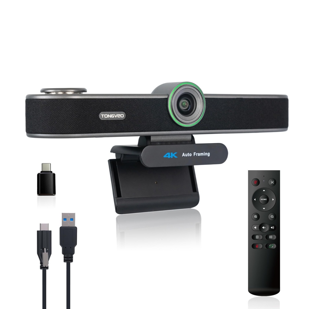 TONGVEO AI Tracking 4K Webcam 5X Zoomable for Conference TV Room System with 4 Mics and Spe