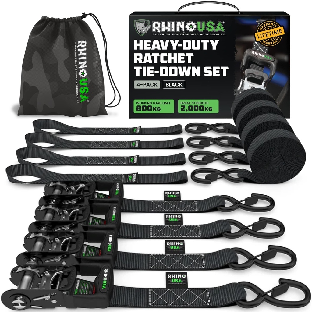 Rhino USA Ratchet Straps Heavy Duty Kit (4-Pack) - 4cm x 2.4m (2,000kg Break Strength) - Ul