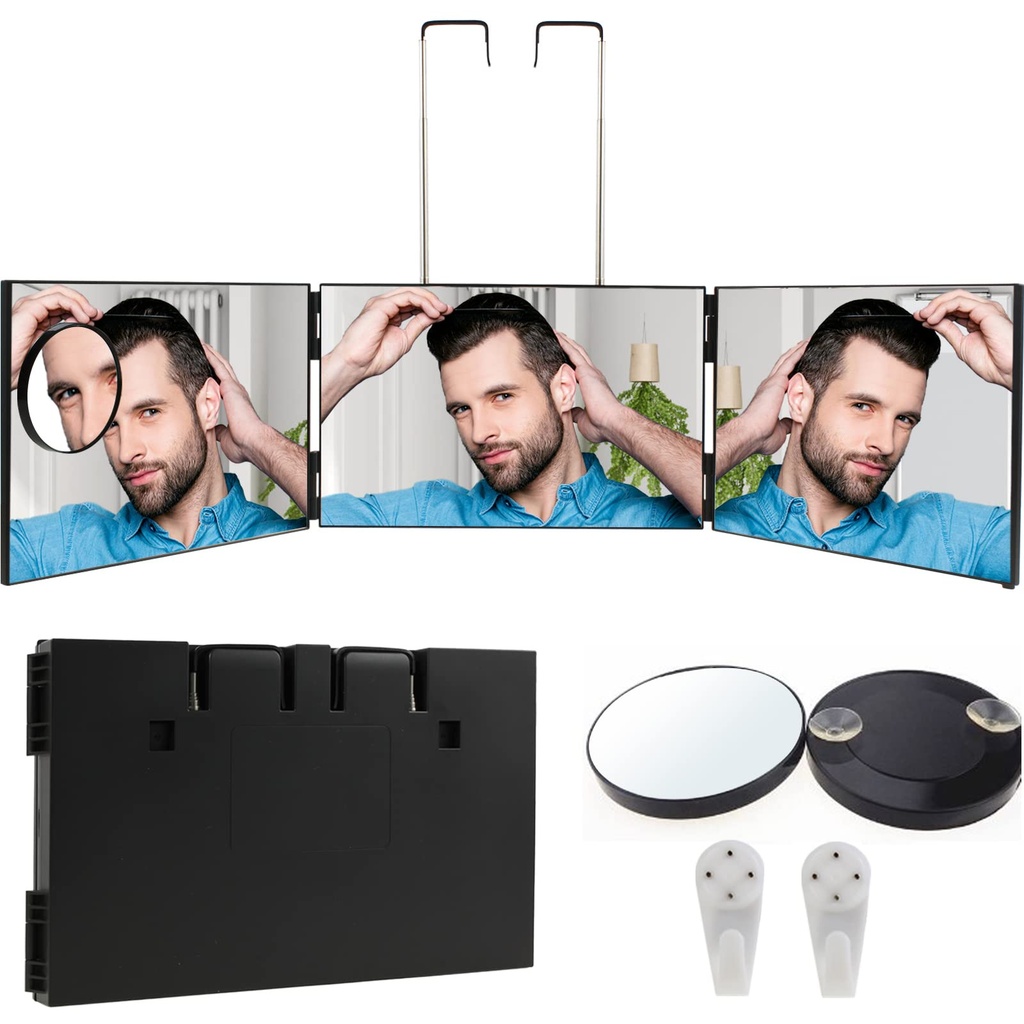 Feisate 3 Way Mirror for Hair Cutting, 360 Barber Mirror Self Cut to See Back of Head, Heig
