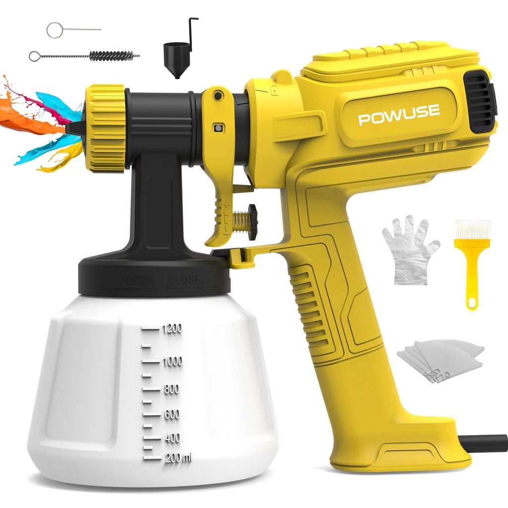 800W HVLP Paint Spray Gun, Ultra-Light Electric Paint Sprayer w/1200ML Container, 4 Nozzles