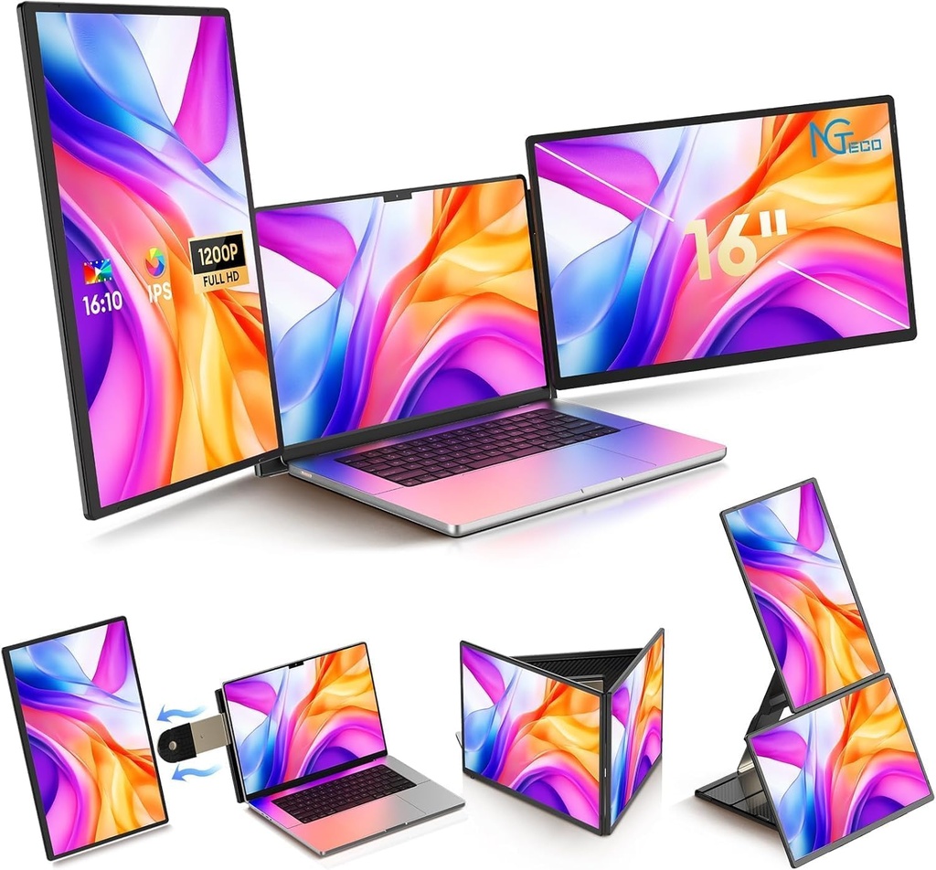 NGTeco Laptop Screen Extender, 16" FHD 1200P IPS Laptop Monitor Extender Triple Screen, Por