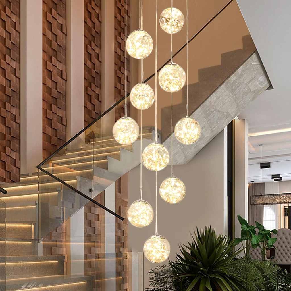 KAUCQI 10 Glass Ball Chandelier Light Fixture, Staircase Pendant Light, 50W Long Hanging Li
