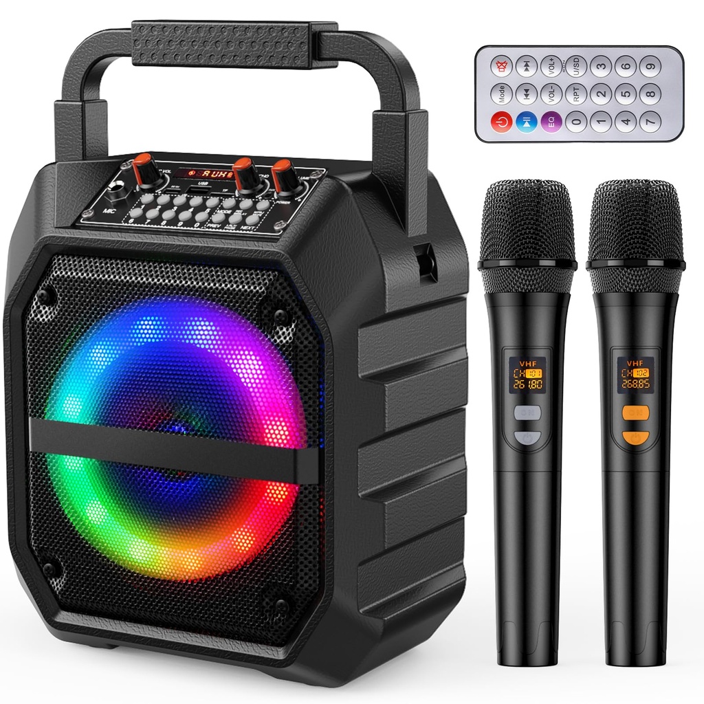 PKBD Karaoke Machine with Two Wireless Microphones,Portable Bluetooth Speaker with LED Ligh