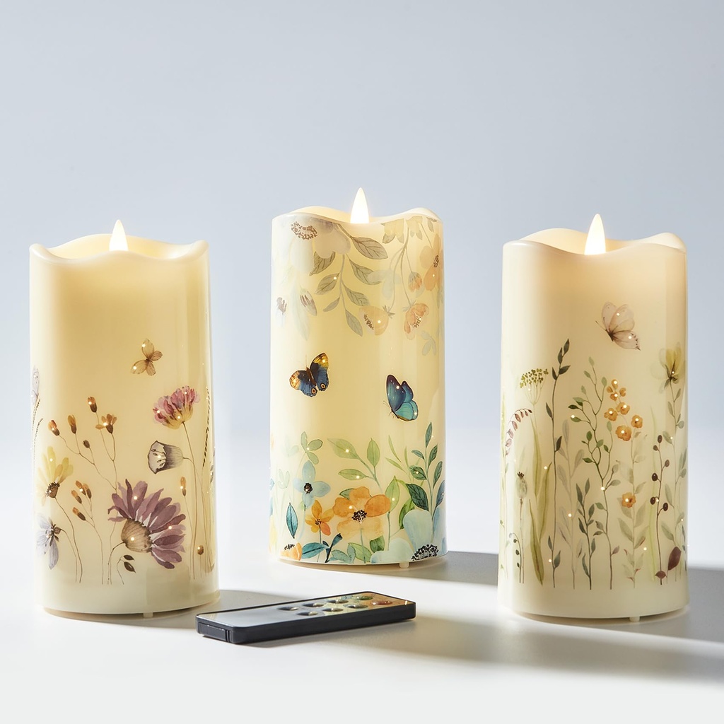 Eywamage Fiber Optic Flameless Pillar Candles with Remote, Flickering Battery LED Candles B