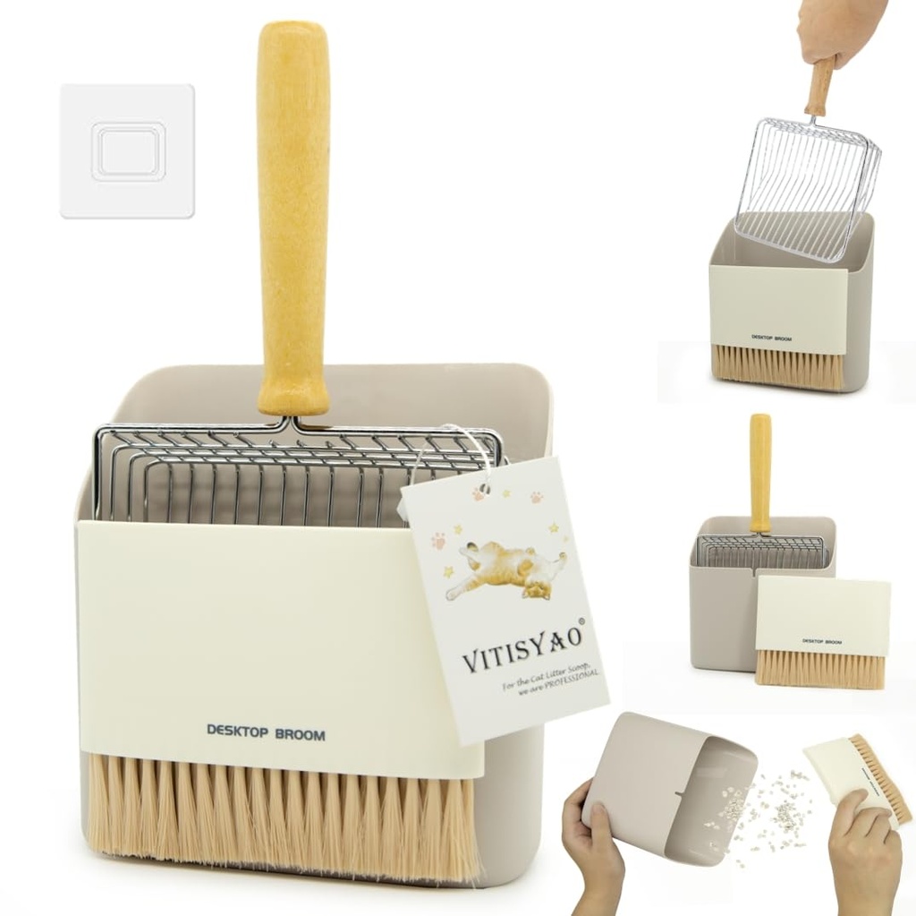 Vitisyao Cat Litter Scoop with Holder, Stainless Steel Kitten Poop Lifter- Portable Dustpan