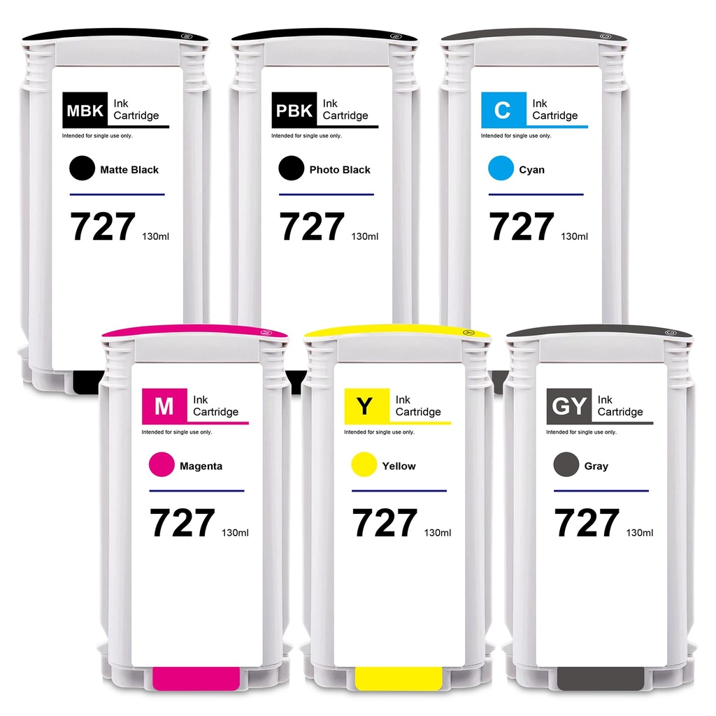 Yongairuink 727 Ink Cartridges Dye Ink 6x130ML Replacement for HPQ 727 for DesignJet T920 T