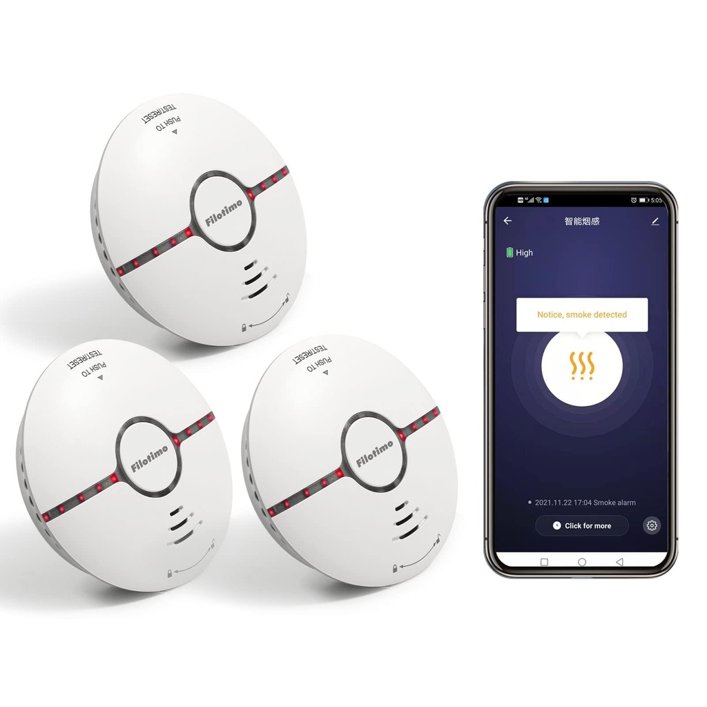 Wi-Fi Smoke Alarm, Fire Alarm Smoke Detector with Large Silence Button and Replaceable Battery