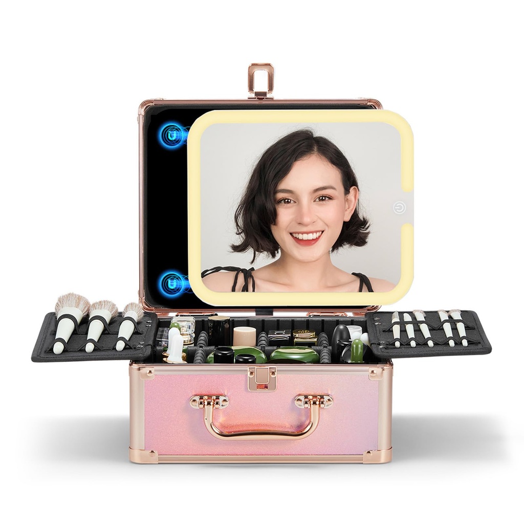 OMIRO Makeup Box with Led Mirror, Portable Beauty Cosmetic Organizer Case with Detachable Mirror