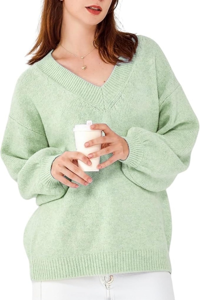 Simple&Opulence Women's Wool Blended Jumpers, Ladies Long Sleeve V-Neck Oversized Pullover,