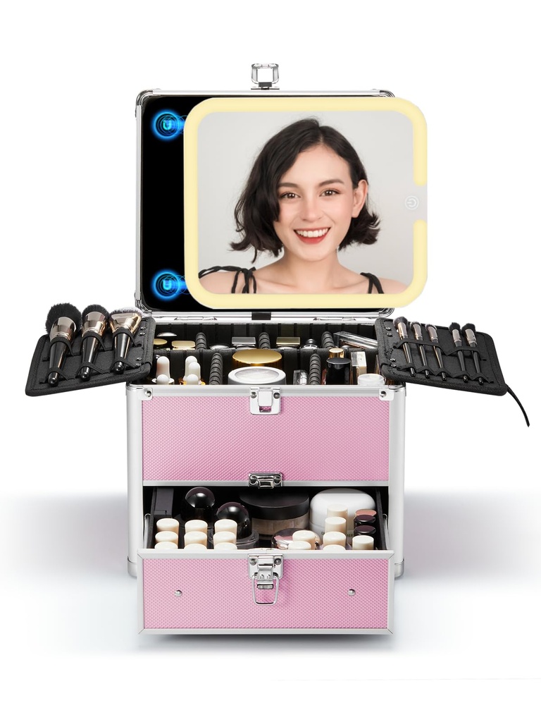 OMIRO Makeup Organiser Box with Detachable Magnetic Led Mirror and Drawer-Diamond Pink