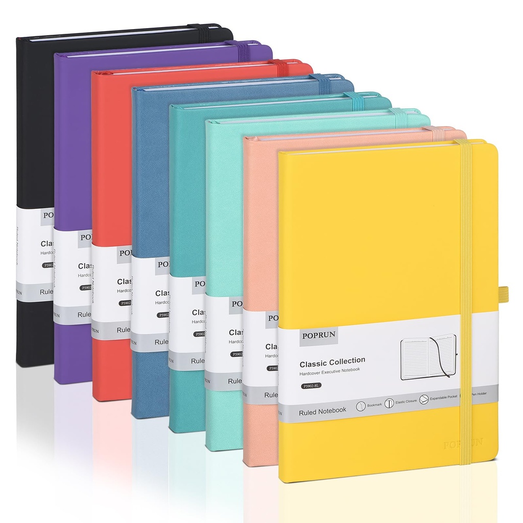 POPRUN A5 Lined Journal Notebook, 8 Pack PU Leather Hardback Notepad for Writing, Business W