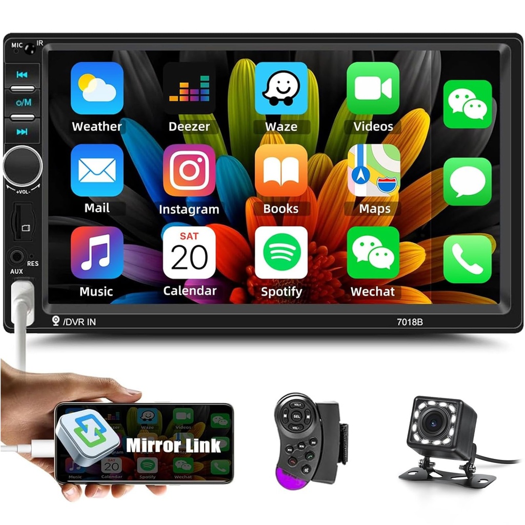 CAMECHO Double din Car Stereo with Bluetooth 7 Inch Touch Screen Car Radio with Mirror link