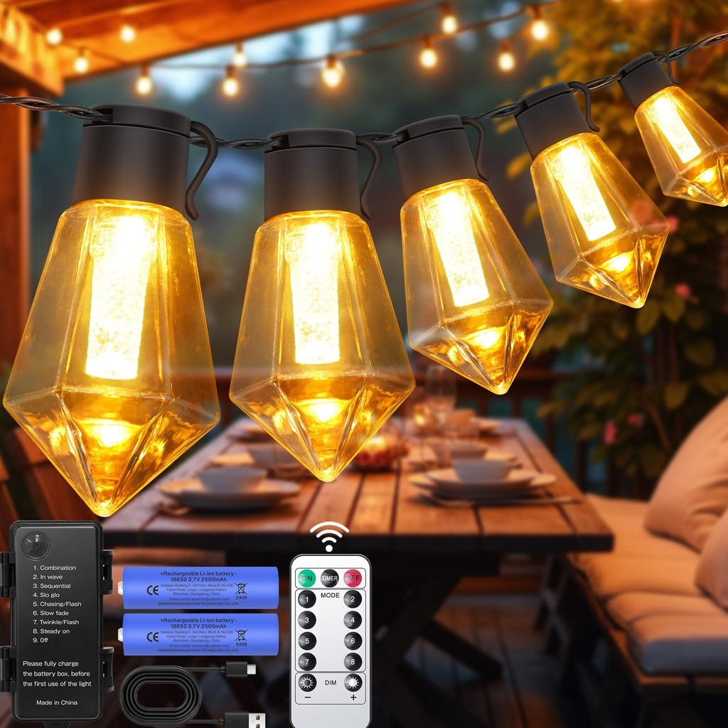 aurogeek Festoon Lights Outdoor Garden Battery Powered with Timer 5000mAh Rechargeable 8 Mod