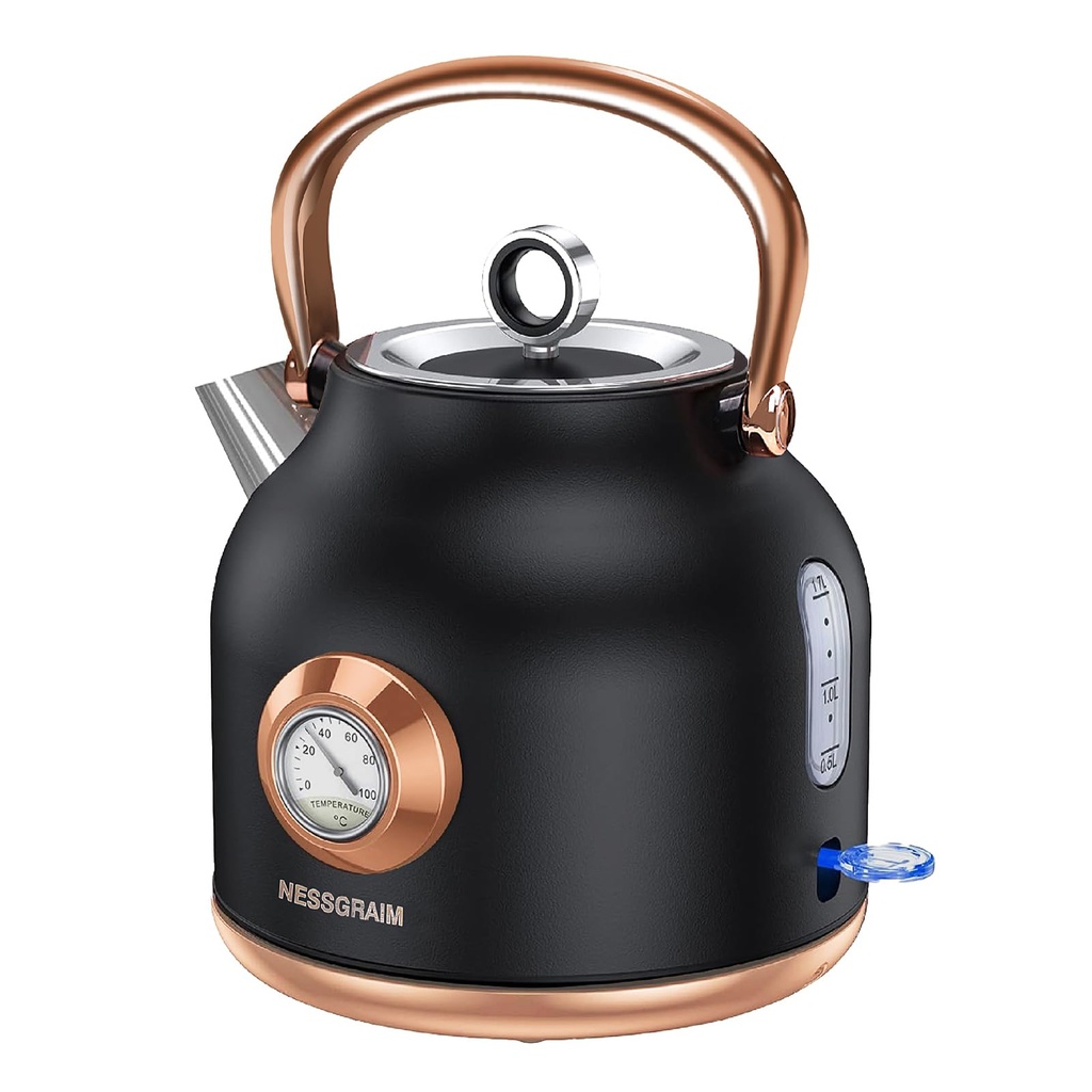 Retro Electric Kettle, 1.7L Stainless Steel Tea Kettle with Large Temperature Gauge, 2200W 