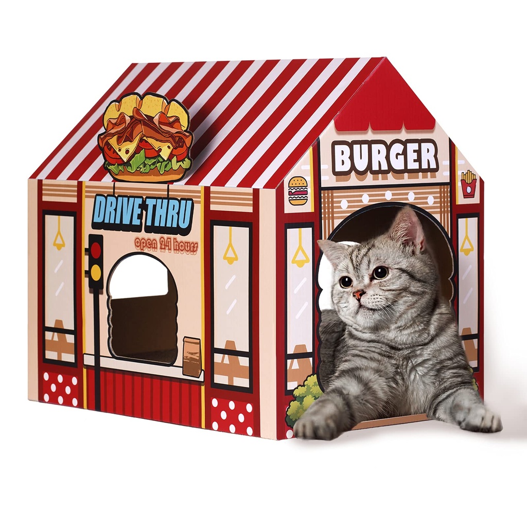 SEKAM Cat Burger Shop Cat House with Scratcher, Catnip, Triangle Design, Indoor, 16.5"L x 1