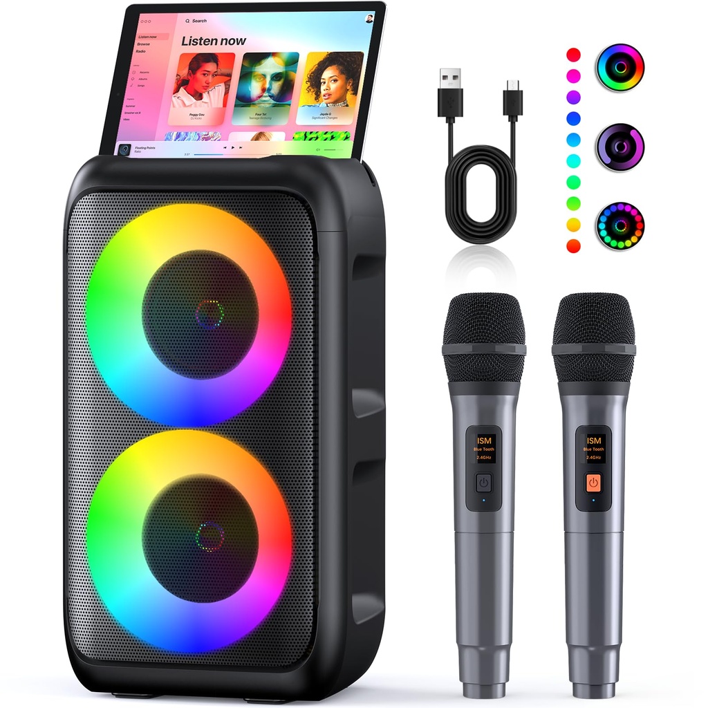 Karaoke Machine 2 Microphones (2026 Upgraded gen) | Speaker 2 x 15W with Rechargeable Microphone
