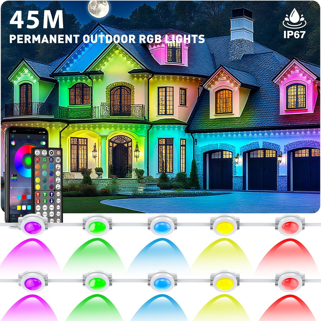 45m Permanent Outdoor Lights,RGB Eaves Light with App Control Remote,DIY Scene Modes IP67 Wa