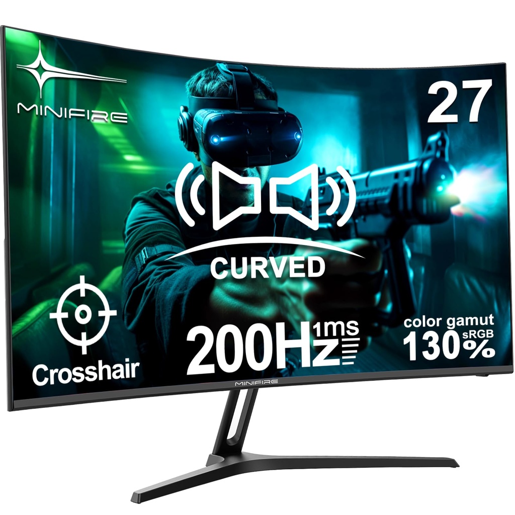 Minifire 27 Inch Gaming Monitor, 200Hz, Full HD 1920x1080 Curved VA Panel, Built in Speaker