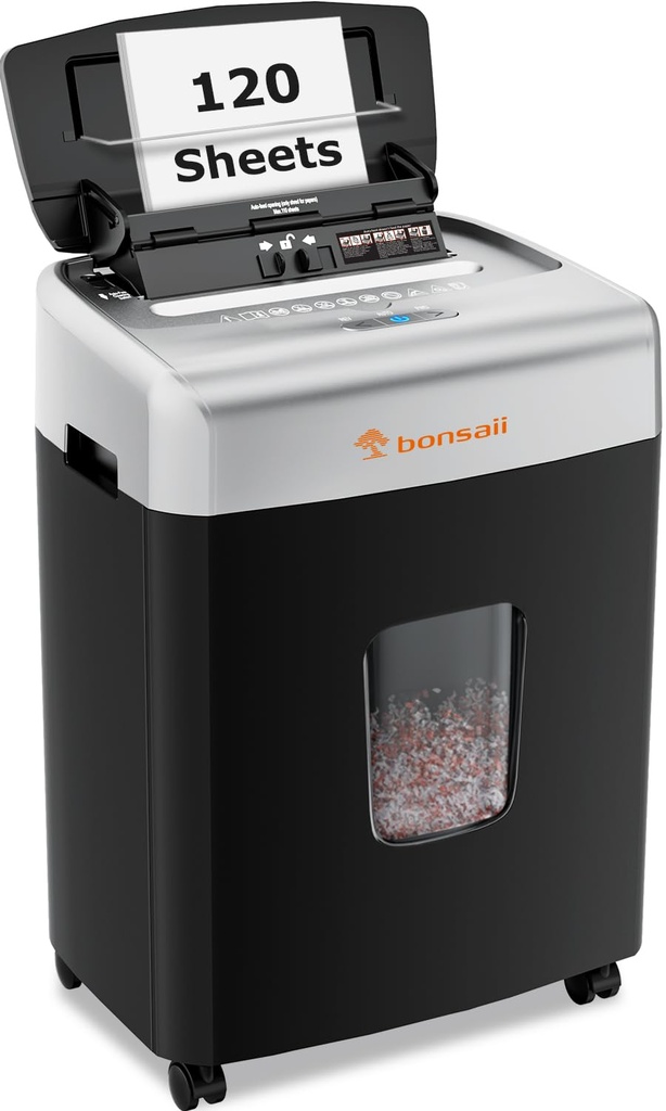 Bonsaii 120-Sheet Auto Feed Office Paper Shredder, 30 Mins Continuous Micro Cut Heavy Duty