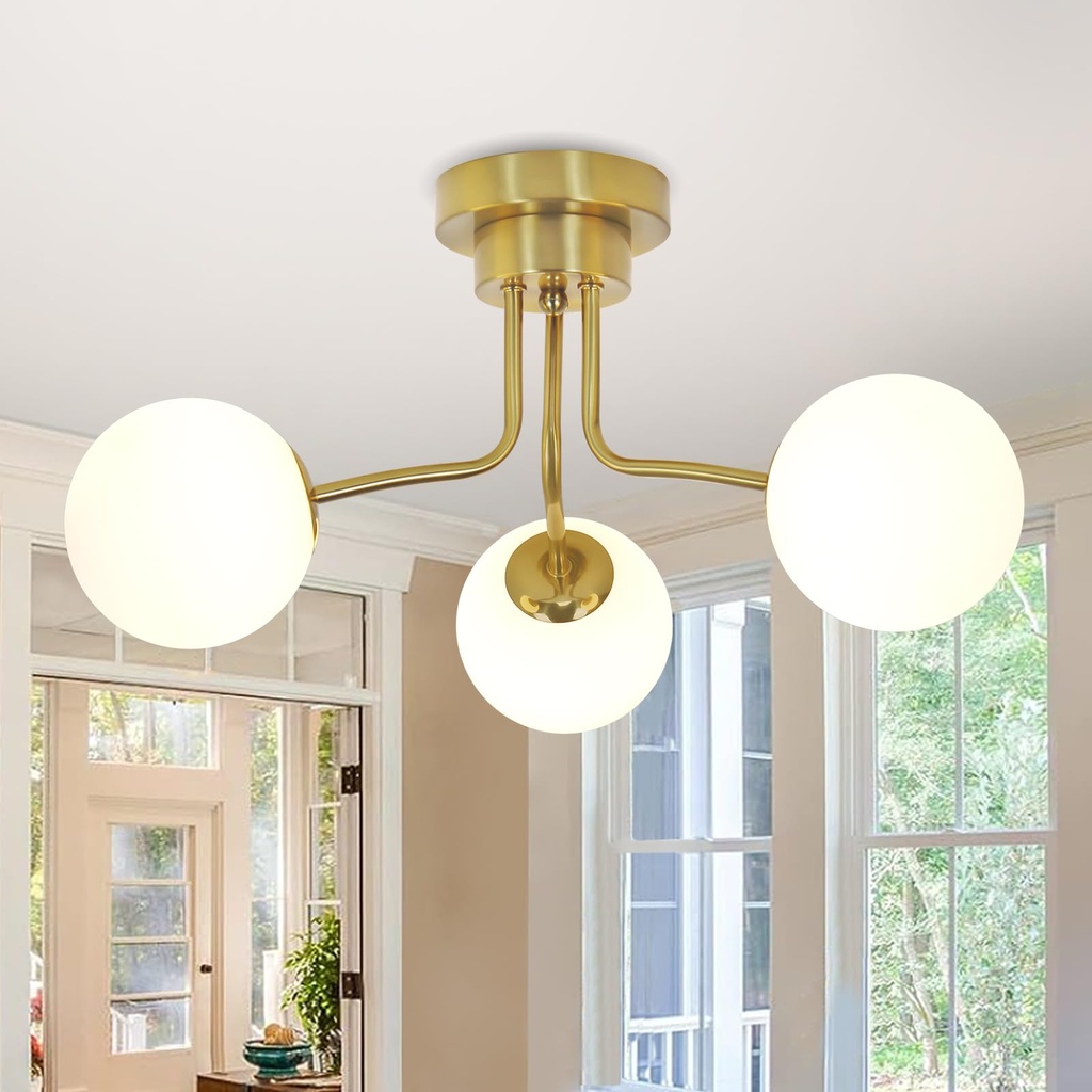 JHLBYL Modern Brass Gold Ceiling Light, 3-Light White Globe Glass Shade with G9 Base Semi F