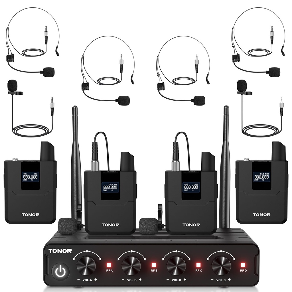 TONOR Wireless Microphones System with UHF Headset/Lavalier Lapel Mics, Bodypack Transmitter